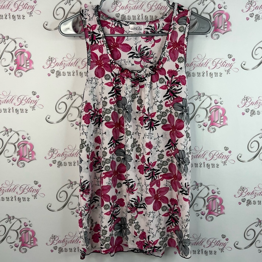 Laiasia tank top ruffle detail Floral Sleeveless Top in Pink black white Gray